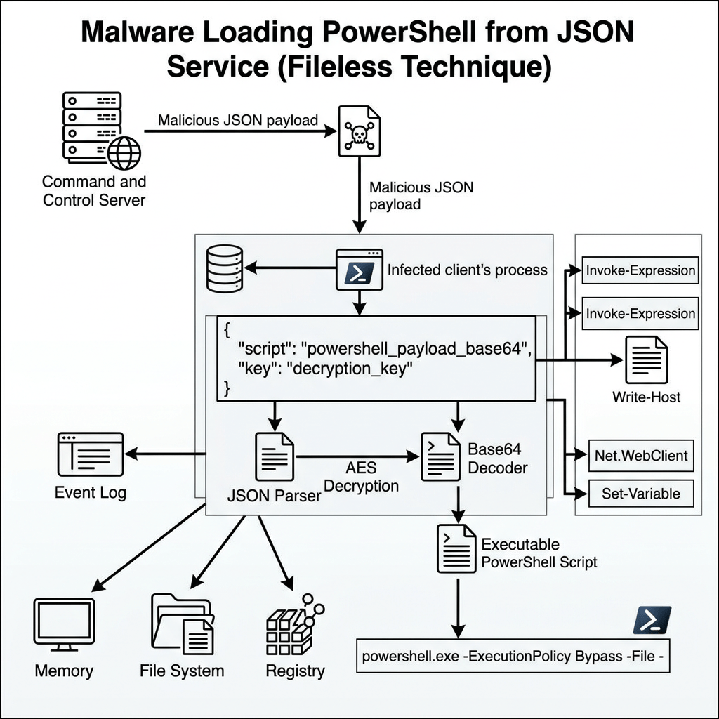 Flowchart showing malware loading PowerShell from JSON service using decryption and Base64 decoding